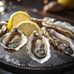 Fresh oysters served on a black plate with crushed ice and lemon wedges, a luxurious and delicious seafood experience