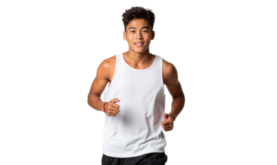 Fit young Asian man jogging with a confident smile