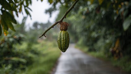 A lush, green cacao pod hangs from a branch, bathed in the gentle rain, showcasing the vibrant tropical setting.
