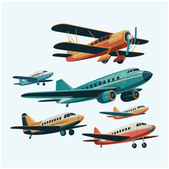 Fototapeta premium Airplane collection flying aircraft vehicle air transport flat vector illustration