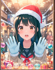 クリスマスのショーウィンドウを眺める女子高生