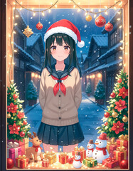 クリスマスのショーウィンドウを眺める女子高生