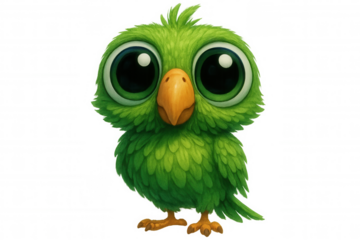 Green baby bird illustration with big captivating eyes, a friendly and cute cartoon character mascot, transparent background