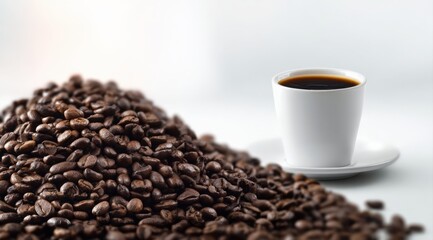 Naklejka premium Coffee beans forming a large pile beside a white cup filled with hot espresso coffee, ready for drinking