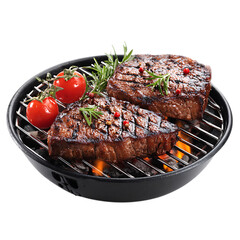 Juicy steaks and tomatoes grilling on a barbecue isolated on transparent background