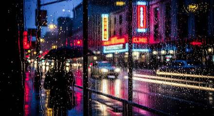 City street at dusk with wet pavement reflecting neon lights