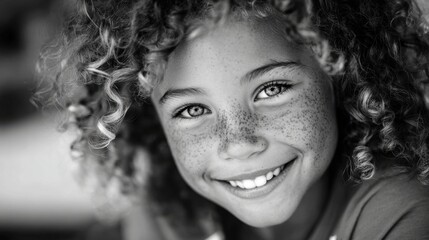 A girl with curly hair and freckles smiles widely, showcasing her joyful spirit. Bright light fills the room, creating a warm, inviting atmosphere for this moment of happiness.