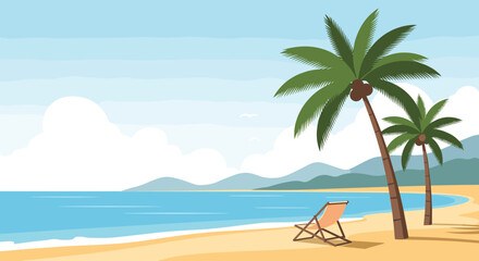 Obraz premium A serene pixel art beach scene with palm trees and a lounge chair overlooking the ocean and distant mountains under a cloudy sky.