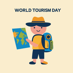World Tourism Day vector bundle with travel icons, famous landmarks, tourists, maps, passports, airplanes, and adventure elements in solid colors — perfect for travel promotions and marketing.