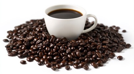 Fototapeta premium White cup filled with black coffee in the center of a pile of dark roasted coffee beans, isolated on white