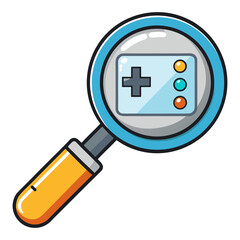 Magnifying Glass with Retro Game Controller Icon.