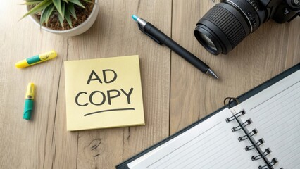 Creative Workspace with Camera, Notepad, Pens, and Sticky Note on Wooden Table Surface