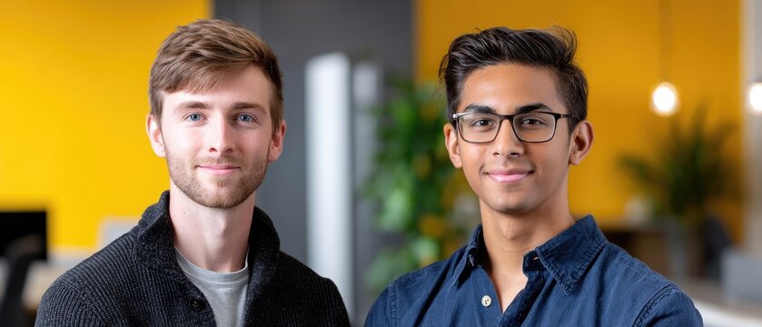 employee intern concept. Two smiling young men in a modern workspace with a bright yellow background.