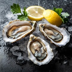 Three fresh oysters served on ice with lemon and parsley, a culinary delight that captures the essence of the sea