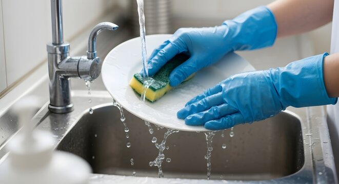 Hands wearing blue gloves washing a white plate with a yellow sponge under running water in a kitchen sink