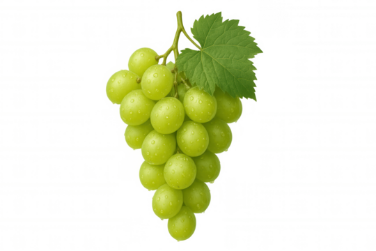 Bunch of refreshing green grapes containing water droplets and a vibrant green leaf, presented on a clear transparent background
