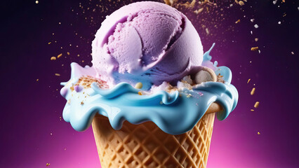 Ice cream cone violet blue splash frozen dessert poster