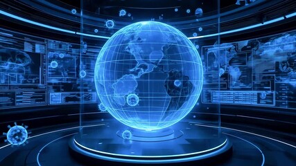Futuristic digital globe surrounded by data screens displaying global information and analytics - Powered by Adobe