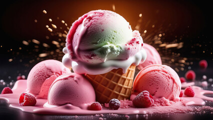 Ice cream cone pink white swirl dessert background advertising
