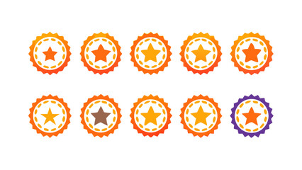 Collection of ten star badges in various colors arranged on a white background in two rows