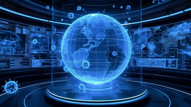 Futuristic digital globe surrounded by data screens displaying global information and analytics - Powered by Adobe