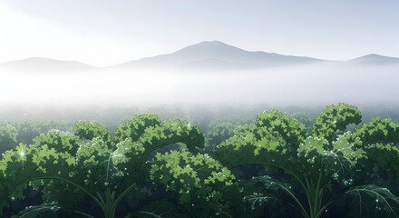 Atmospheric Anime Foggy Morning Landscape with Dense Forest and Misty Mountains.