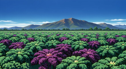 Colorful Anime Kale Field with Green and Purple Plants Under a Clear Blue Sky.
