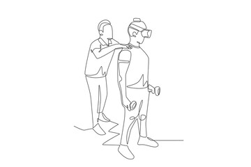 Friends playing at a vr center concept one-line drawing