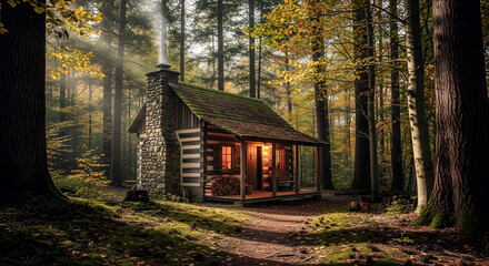 A serene cabin nestled among tall trees in a forest, illuminated by soft light