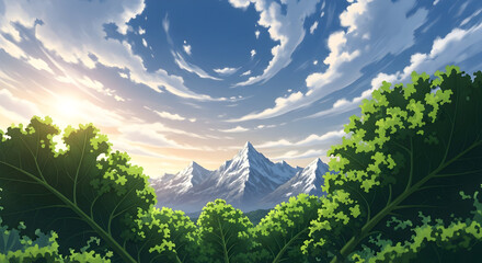 Sunny Anime Mountain Landscape with Lush Trees and Swirling Clouds.