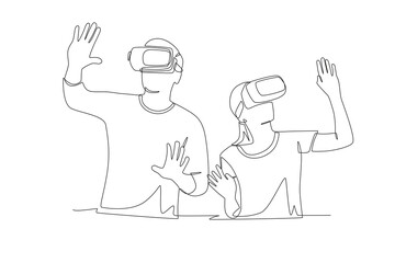Friends playing at a vr center concept one-line drawing