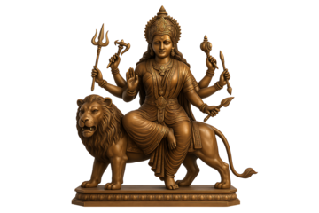 Golden statue of goddess durga seated on lion with multiple arms holding trident axe conch lotus and weapons symbolizing hindu spirituality devotion power victory and blessings