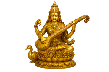 Golden statue of goddess saraswati seated on lotus holding veena with swan symbolizing hindu goddess of knowledge wisdom learning music arts spirituality devotion and blessings