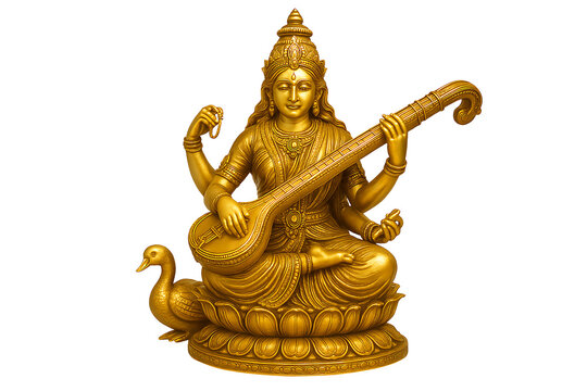Golden statue of goddess saraswati seated on lotus holding veena with swan symbolizing hindu goddess of knowledge wisdom learning music arts spirituality devotion and blessings