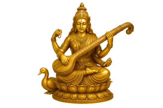 Golden statue of goddess saraswati seated on lotus holding veena with swan symbolizing hindu goddess of knowledge wisdom learning music arts spirituality devotion and blessings