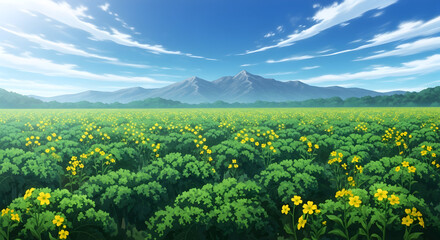 Vibrant Anime Field of Yellow Flowers and Green Foliage with Distant Mountains.