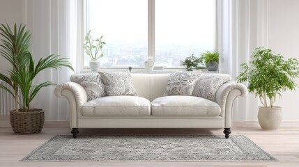 Fototapeta premium Cozy and Elegant Living Room with White Leather Couch, Decorative Pillows, Indoor Plants, and Natural Light Streaming Through Windows