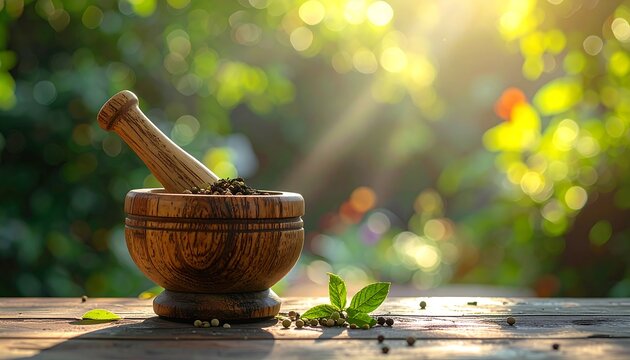 Wooden mortar and pestle with peppercorns