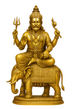 Golden statue of lord vishwakarma seated on decorated elephant with sacred symbols representing hindu god of architecture craftsmanship engineering creativity
