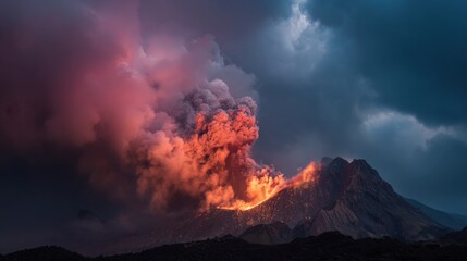 Fototapeta premium A dramatic volcanic eruption fills the sky with fiery orange and red hues as ash clouds rise above the rugged mountain landscape during twilight. Nature showcases its immense power.