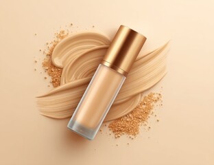 A  luxurious cosmetic foundation product is presented atop a backdrop of blended foundation, showcasing its golden, sophisticated container.