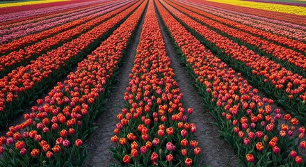 Vibrant rows of colorful tulips blooming in a field creating a stunning landscape