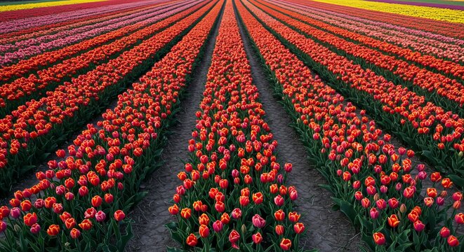 Vibrant rows of colorful tulips blooming in a field creating a stunning landscape - Powered by Adobe