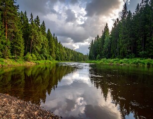Fototapeta premium Tranquil river flowing through a dense forest