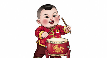 A young boy enthusiastically plays a traditional drum with vibrant attire and joyful expression