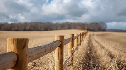 Countryside wooden fence with natural dry grass meadow and cloudy dramatic sky, rustic farmland view extending into distance, outdoor background with depth, calm rural environment and perspective