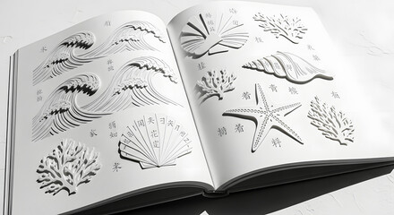 An open book displaying embossed marine life illustrations on white pages viewed from above.