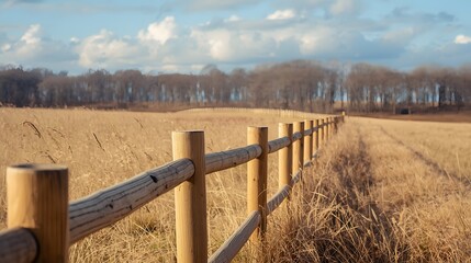 Countryside wooden fence with natural dry grass meadow and cloudy dramatic sky, rustic farmland view extending into distance, outdoor background with depth, calm rural environment and perspective