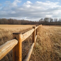 Countryside wooden fence with natural dry grass meadow and cloudy dramatic sky, rustic farmland view extending into distance, outdoor background with depth, calm rural environment and perspective