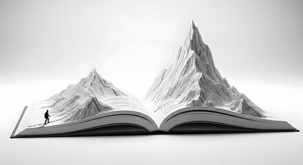A person stands on a mountain peak emerging from an open book with a majestic landscape